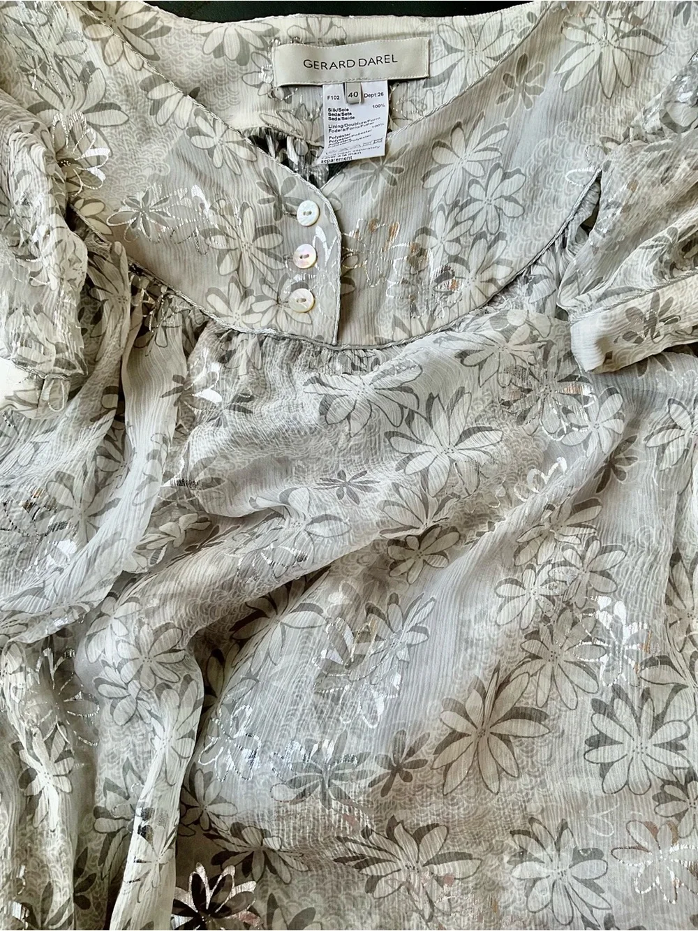 Gerard Darel Paris 100% Silk Floral Dress , Delicate Metallic Silver Threading 🩶